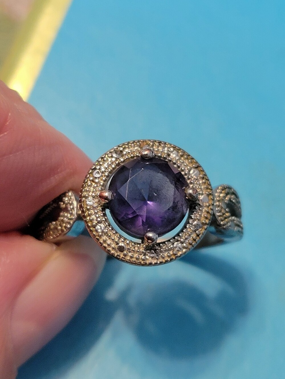 Sterling Silver Amethyst Halo Ring - Purple Size 8